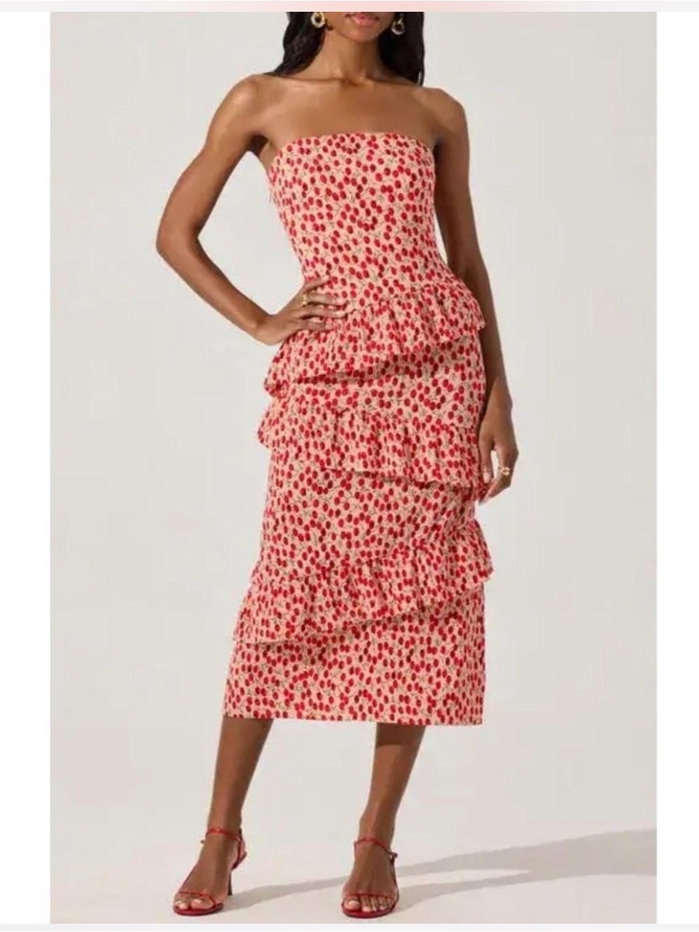 ASTR the Label Asym Tiered Ruffle Dress in cherry print Size M